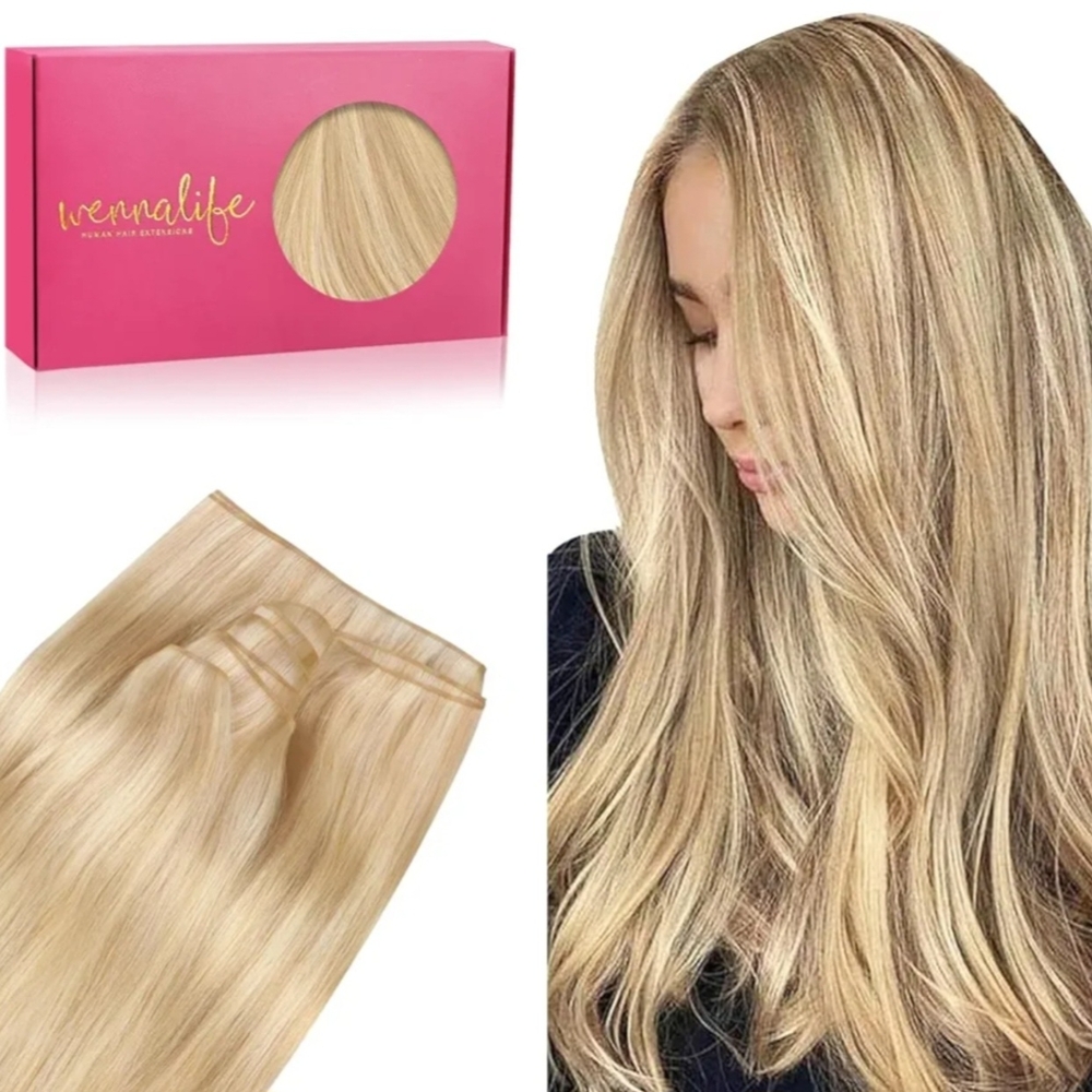 Wennalife Weft Human Hair Extensions Light Blonde Golden Blonde 22" 60G